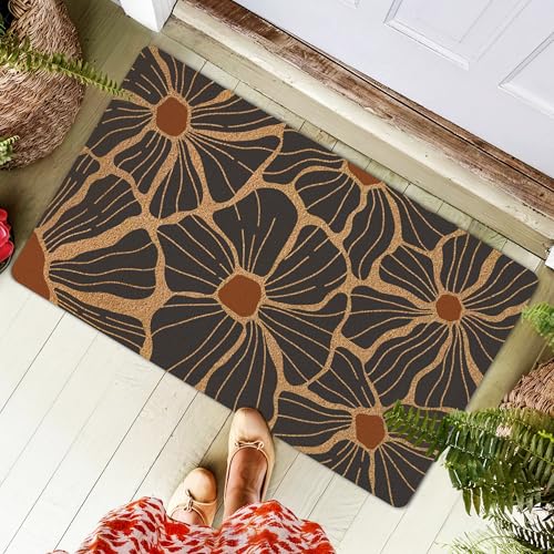 Boho Abstract Floral Door Mat,Mid Century Modern Black Flower Front Door Mat Rug Outdoor Indoor Entrance, Retro Bohemian Botancial Artificial Coir Doormat for Porch Patio, 30x17 Inch