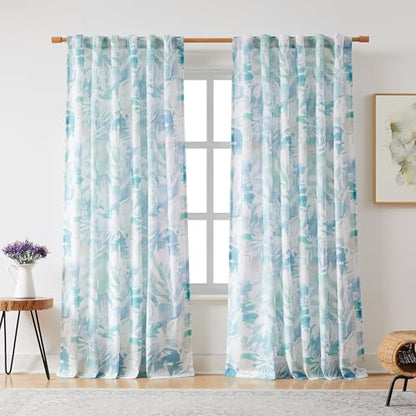Aqua Floral Print Coastal Linen Sheer Curtains 55x90 Living Room Blue White - color: Back Tab- Semi Sheer- Aqua Blue, size: 55"W x 90"L (Pack of 2)