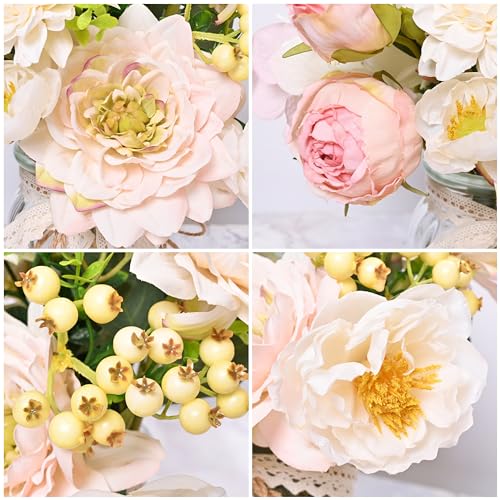 LUEUR Artificial Hydrangea in Vase, Silk Pink Dahlia Flower Bouquet - color: Pink