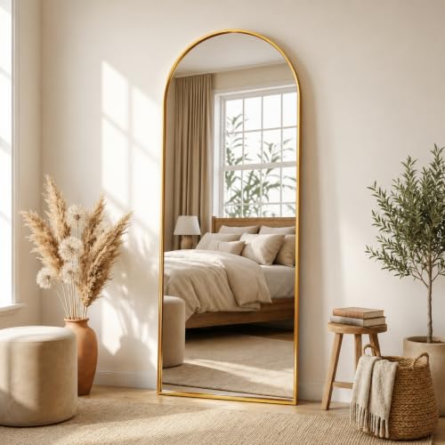 Full Length Mirror, 58.5"x18" Arched Floor Mirror, Gold - color: Gold, size: 58.5"L x 18"W