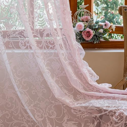 TUDECO Light Pink Lace Curtains 72 Inch Length, Floral Sheer 2 Panels - color: Pink, size: 59"W x 72"L (Pack of 2)