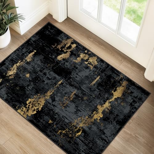 RELEANY Washable 2'x3' Abstract Area Rug for Living Room Black Gold - color: Black/Gold, size: 2' x 3' (Rectangular)