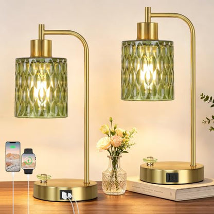 Table Lamps Set of 2, Green Glass Dimmable Bedside Lamps for Living Room - color: Gold&Green-3