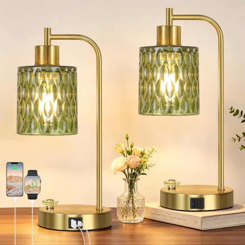 Table Lamps Set of 2, Green Glass Dimmable Bedside Lamps for Living Room - color: Gold&Green-3