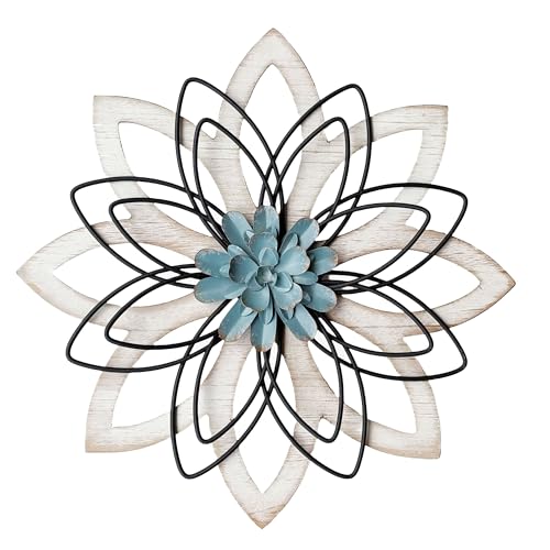 Remenna Metal Flowers Wall Decor, Metal Rustic Wall Art Decoration Farmhouse Wall Decorations Multiple Floral Hanging Decor for Bathroom Living Room Home Office Garden Kitchen (white & blue) - color: white & blue
