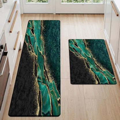 Kitchen Mats Set of 2, Cushioned Anti Fatigue Non Slip Waterproof Runner, Green and Gold Marble Design, PVC Memory Foam for Kitchen Sink and Laundry - color: Green Marble 1