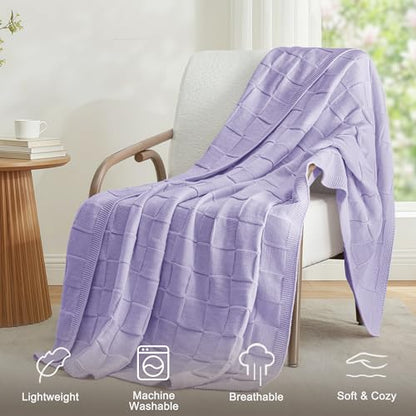 Whale Flotilla Checkered Knit Throw Blanket for Couch, Light Purple - color: Light Purple, size: 60x80 Inch