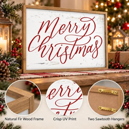 Merry Christmas Wall Decor Art, 23.6"×15.7" Large Wooden Sign - color: white-red
