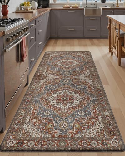 LUMI Kitchen Floor Mat Cushioned Anti Fatigue Runner Rug, 24"x59" - color: Rust Red & Blue, size: 59"L x 24"W x 0.4"Th