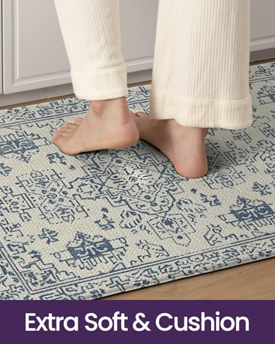 DEXI Kitchen Floor Mats Cushioned Anti Fatigue Runner Rug, 24x87 Blue - color: Blue/White, size: 87"L x 24"W x 0.4"Th