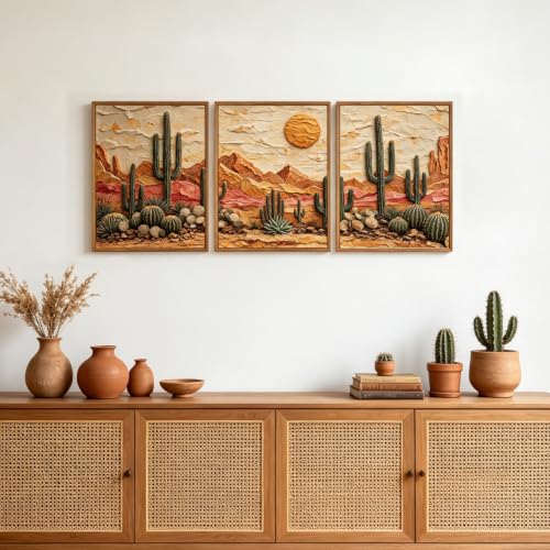 Aurlan 3D Textured Cactus Arizona Desert Framed Canvas Wall Art 12x16 Inch - color: Cactus Desert (3D Textured), size: 12"L x 16"W
