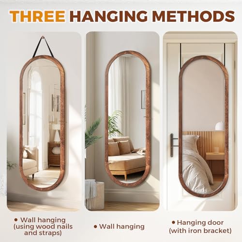 48x16in Oval Full Length Mirror Solid Wood Frame, Brown - color: Brown, size: 48"L x 16"W