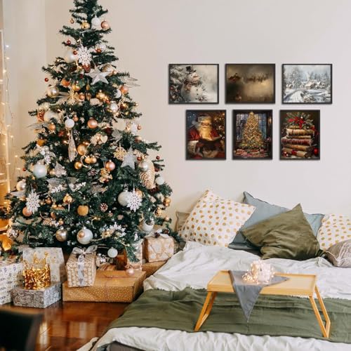 Vintage Christmas Santa Poster Set of 6, Santa Claus Pictures Wall Art Christmas Tree Wall Decor Painting Rustic Holiday Canvas Print Artwork for Living Room Farmhouse 8x10 inch Unframed - color: Christmas, size: 10"L x 8"W