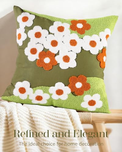 Embroidered Throw Pillow Cover, 18x18 Inch, Green Daisy - color: Green-flowers, size: 18" x 18" (Pack of 1)