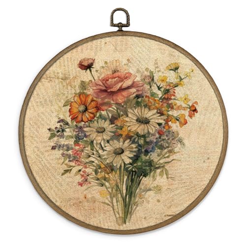 MAQIKA Vintage Floral Framed Wall Art Decor, Botanical Canvas Prints, Farmhouse Flower Round Wall Hanging, Boho Wall Art for Living Room Bedroom Kitchen, 10x10 Inch - color: Flower, size: 10"L x 10"W