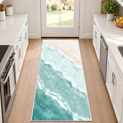 Beach Pattern 2x5ft Runner Rug Non Slip Washable Kitchen Runner Rug with Rubber Backing，Low-Pile Soft Washable Runner Rugs for Hallway Entryway Kitchen Bedroom Bathroom - color: Teal Beach, size: 2' x 5' (Rug)
