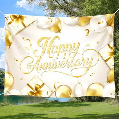 Happy Anniversary Backdrop Banner White Gold Elegant Photography Background for Wedding Couples Party Decor 72x43 Inch