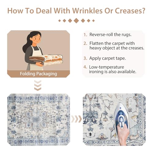 BESTSWEETIE Washable Boho 9x12 Area Rug, No Pile, Living Room, Beige Blue - color: Beige/Blue, size: 12' x 9' (Rectangular)