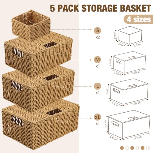 Yookeer 5 Pcs Woven Storage Basket Wicker Bin Plastic Rattan Natural - color: Natural Color