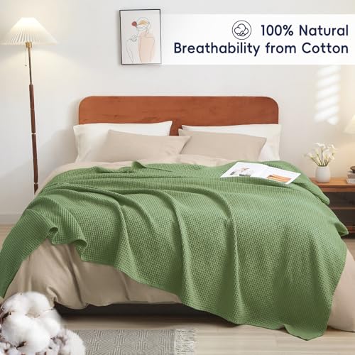 PHF 100% Cotton Waffle Throw Blanket Lightweight Breathable, Loden Green - color: Loden Green, size: Throw(50" x 60")