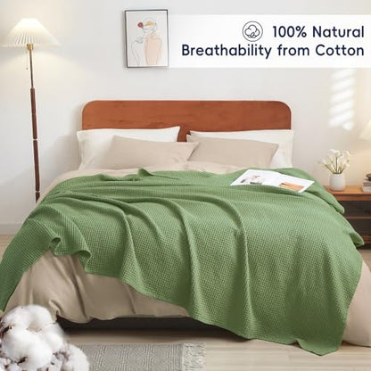 PHF 100% Cotton Waffle Throw Blanket Lightweight Breathable, Loden Green - color: Loden Green, size: Throw(50" x 60")