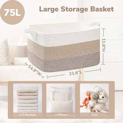 Goodpick Large Woven Rope Blanket Basket, Rectangle, Light Brown - color: Light Brown, size: Large(21.6"L x 14.9"W x 11.8"H)