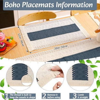 Boho Table Runner and Placemats Set, 4 Sets, Blue, 12x72 - color: Blue, size: 12x72"