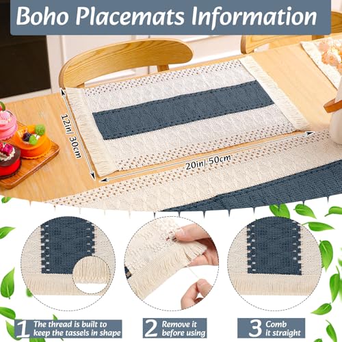 Boho Table Runner and Placemats Set, 6 Sets, Blue, 12x72 - color: Blue, size: 12x72"