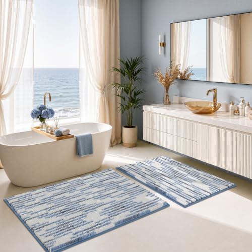 BSICPRO Bathroom Rugs Sets 2 Piece, Modern Bath Mat 20"x32"+16"x24", Blue - color: Blue and White, size: 20" x 32" Plus 16" x 24"