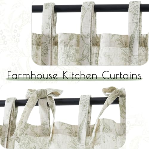 jinchan Green Floral Kitchen Tier Curtains Botanic 36 Inch Tie Top 2 Panles - color: Devon Sage Green on Linen, size: 26"W x 36"L (Pack of 2)