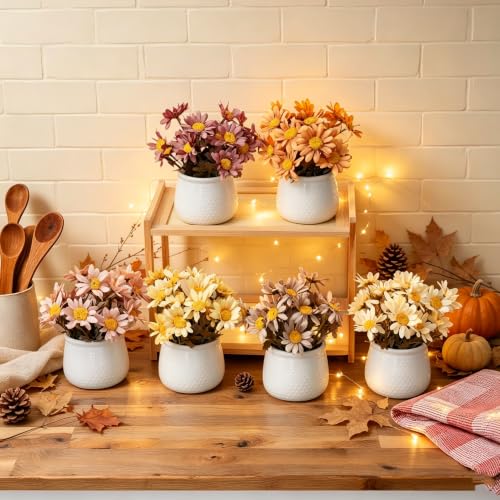 6PCS Artificial Daisy Fall Flower Arrangements with Large Ceramic Pots - color: Fall Multicolor-sunflower