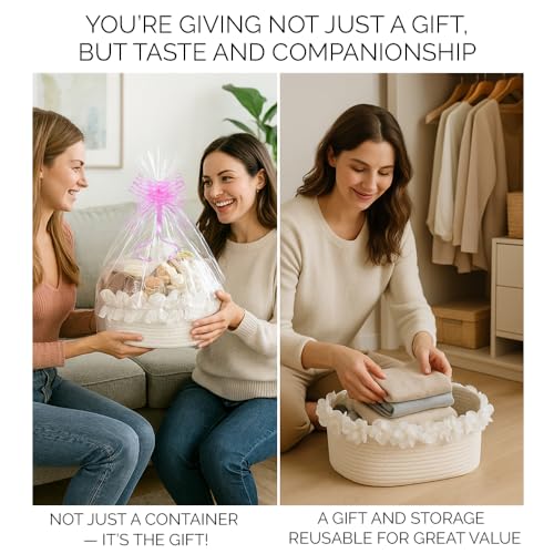 White Cotton Rope Gift Basket with Organza Lace, 12 x 8 in - color: white with lace, size: Oval - 12"x8"x5"