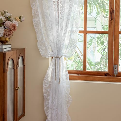 TUDECO White Lace Curtains 63 Inch Length, Ruffle Edges, 59 x 63, 2 Panels - color: White, size: 59"W x 63"L (Pack of 2)