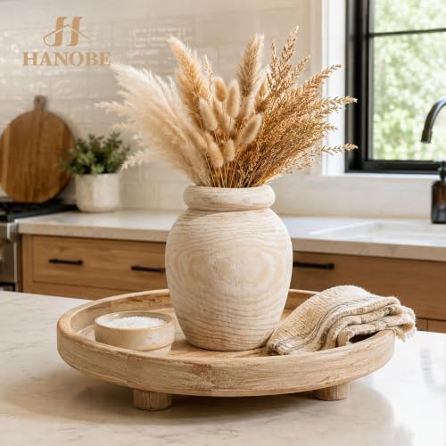Hanobe Solid Wood Vase for Dried Flowers, 9" Decorative Table Vase