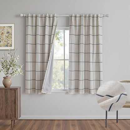 MYSKY HOME 100% Blackout Navy Blue Plaid Linen Curtains 63 Inches Long Windowpane Pattern Double Layer Farmhouse Thermal Insulated Drapes with Rod Pocket Back Tab for Bedroom, 2 Pcs, 52" Wide - color: Navy Blue, size: 52"W x 63"L (Pack of 2)