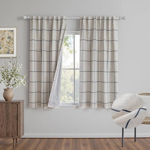 MYSKY HOME 100% Blackout Navy Blue Plaid Linen Curtains 63 Inches Long Windowpane Pattern Double Layer Farmhouse Thermal Insulated Drapes with Rod Pocket Back Tab for Bedroom, 2 Pcs, 52" Wide - color: Navy Blue, size: 52"W x 63"L (Pack of 2)