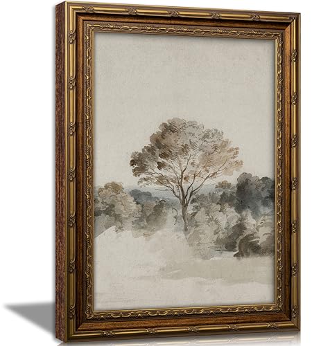 Vintage Gold Framed Wall Art, Neutral Tone Tree Landscape Watercolor Print, Soft Muted Nature Decor for Living Room, Bedroom, Office, Ready to Hang - color: A tree, size: 11"L x 9"W