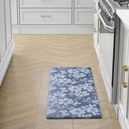 Laura Ashley - Anti-Fatigue Kitchen Mat, Iris Floral Design, Stain, Water & Fade Resistant, Cooking & Standing Relief, Non-Slip Backing, Measures 17.5" x 48", Navy Iris - color: Navy, size: 48"L x 17.5"W x 0.47"Th