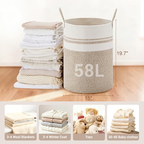 58L Tall Cotton Rope Laundry Basket with Handles, White & Brown - color: Brown & White, size: 58L