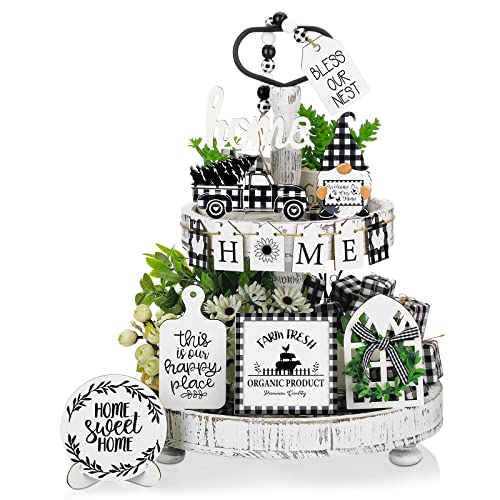 FairySandy 11 Pcs Tiered Tray Decor Farmhouse Set, Buffalo Plaid - style: Buffalo Plaid