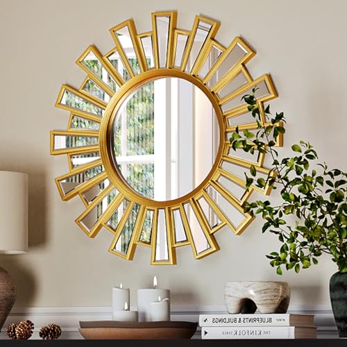 Gold Large Sunburst Wall Mirror - 24 inch Round Beveled Sun Mirror with Layered Metal Frame for Wall Decor Modern Boho Wall Art for Entryway Bedroom Living Room Hallway Bathroom Dining Room Fireplace - color: Gold-23.6"x23.6"