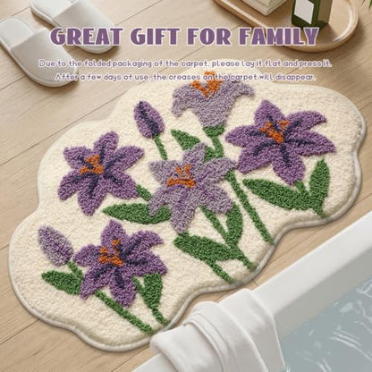 Cloud-Shaped Lily Bath Mat, Soft Non-Slip Fluffy Fresh Flowers Bathroom Rug, Ultra Absorbent Microfiber Shaggy Door Mat, Machine Washable Bath Rug Carpet for Bathtub Bedroom 20x31 Inch (Purple Lily) - color: Purple Lily