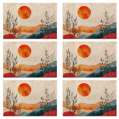 Boho Sunrise Abstract Sun Leaves Placemats Set of 6 Linen Table Mats, 12x18 Inch Washable Placemats for Dining Table, Non Slip Heat Resistant Mats for Kitchen Home Decor - color: Boho Sunrise Abstract Sun Leaves