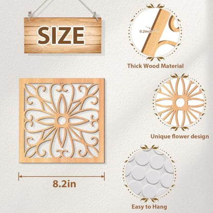 KOYILTD 4 Pcs Thicken Wooden Wall Art Rustic Farmhouse Flower Wall Art - color: Square, size: 8.2in