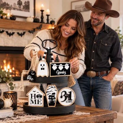 6Pcs Halloween Table Decoration Spooky Ghost Wooden Signs - color: Halloween Black Sign