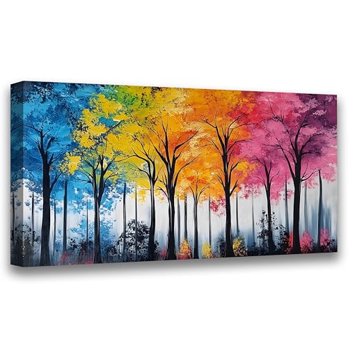 40x20 Inch Rainbow Tree Canvas Wall Art, Large Panoramic Colorful Forest Painting, Framed Modern Abstract Landscape Wall Decor for Living Room Bedroom Office Home Decoration - color: Colorful Forest, size: 40"L x 20"W