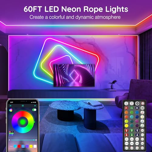 AILBTON 60FT Neon Rope Lights, RGB LED Strip Lights, Waterproof IP67 LED Lights for Bedroom, DIY Design, Music Sync, Remote Control, Multiple Modes for Bedroom - size: 60FT