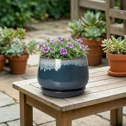 Ceramic Pots for Plants, 6 Inch Plant Pot Indoor, Retro Blue - size: 6 Inch, style: Retro