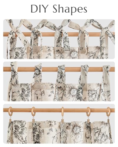 jinchan Black Floral Kitchen Tier Curtains Alice 24 Inches Tie Top 2 Panles - color: Alice Black on Linen, size: 26"W x 24"L (Pack of 2)