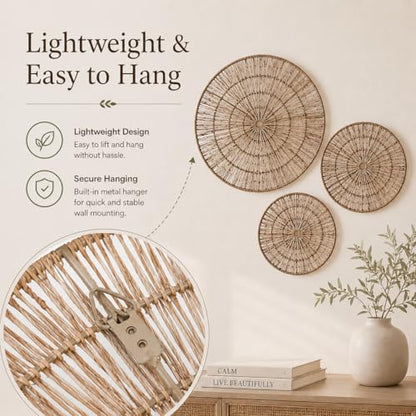 PEMAR Handwoven Jute Wall Hanging Baskets, Set of 3 Round Woven Wall Decor (22", 19", 15"), Decorative Wall Accents for Living Room, Bedroom and Entryway